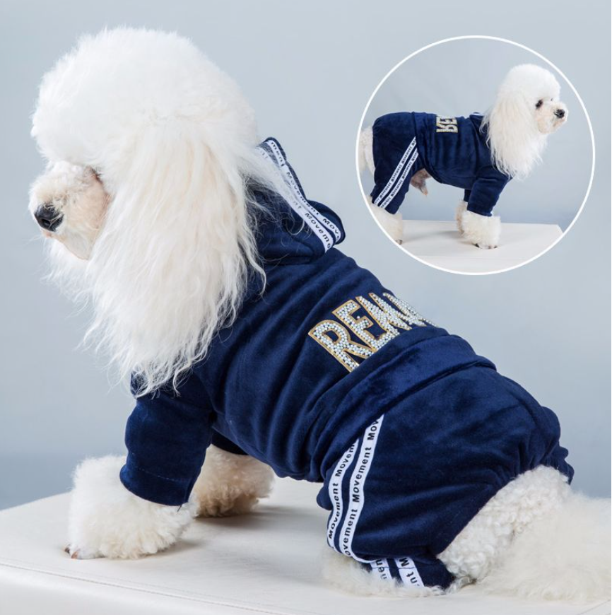Pet Velvet Jumpsuit Athletic Hoodie with Rhinestone Design